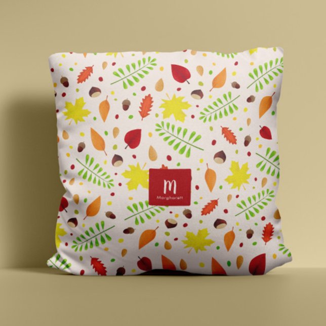 Colourful fall leaves custom name monogram throw pillow (Colorful fall leaves pillow with custom name and monogram for personalized autumn home decor)