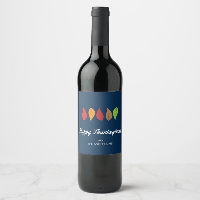 Colourful Fall Leaves Modern Thanksgiving Wine Label (Front)