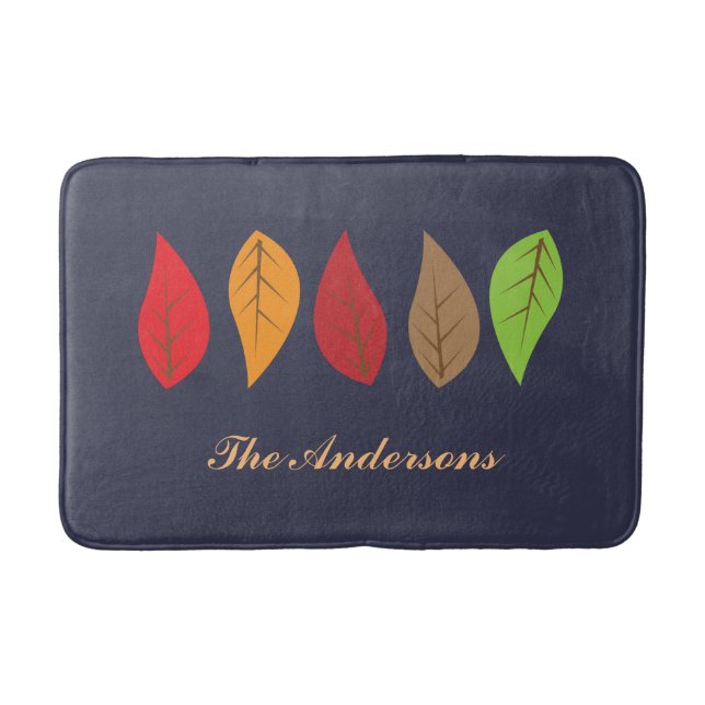 Colourful Fall Leaves on Dark Blue, Personalized Bath Mat (Front)