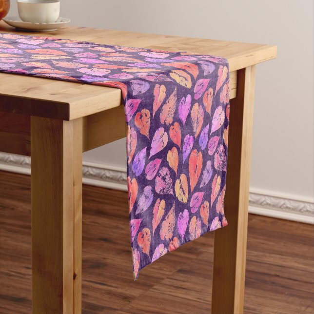 Colourful Fall Leaves On Purple Pattern Short Table Runner (In Situ)