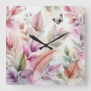 Colourful Fall leaves watercolor pastel colour Square Wall Clock