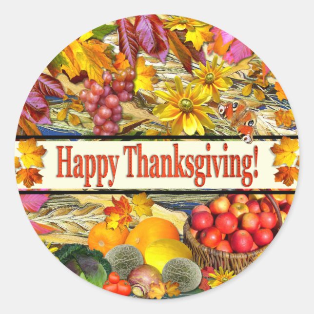 Colourful Fall Produce Happy Thanksgiving Classic Round Sticker (Front)