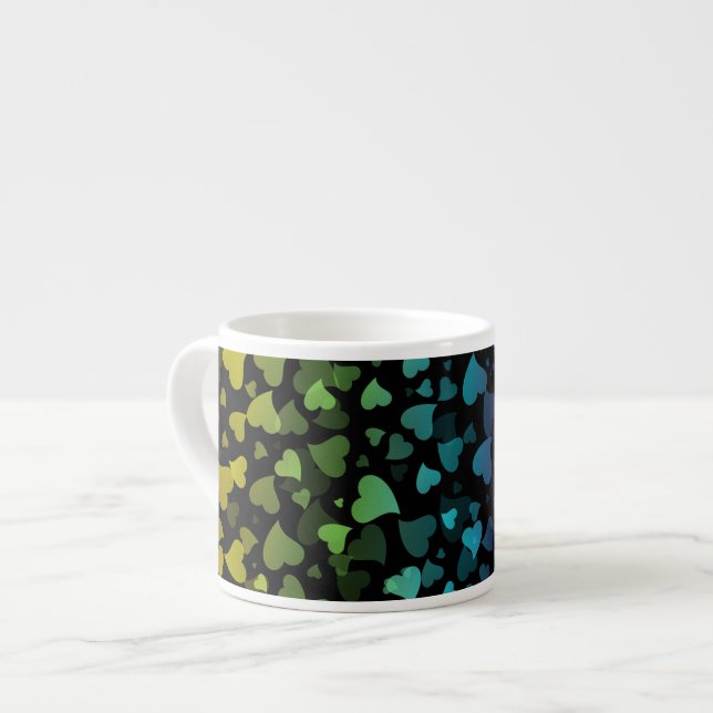 Colourful Falling Hearts on Black Espresso Cup (Front Left)