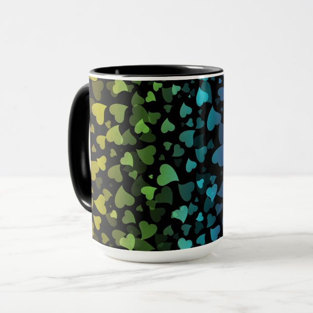 Colourful Falling Hearts on Black Mug (Front Left)