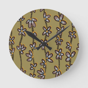 Colourful Falling Petal Flower Florals Olive Green Round Clock