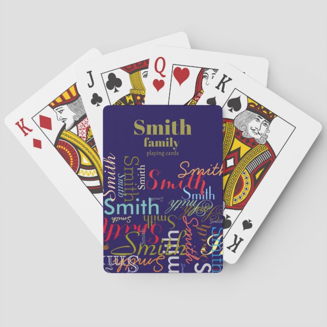 Colourful Family Name Repeated Navy Blue Playing Cards (Back)
