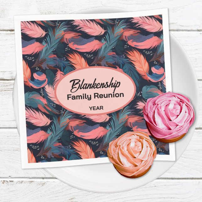 Colourful Family Reunion Feather Background Paper  Napkin (Add some colorful pizzazz to your family reunion party essentials with these custom napkins.)
