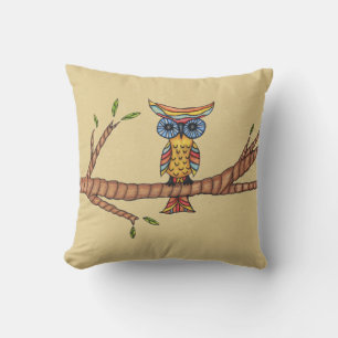 Colourful Fancy Own Circle Blue Eyes on Tree Branc Throw Pillow