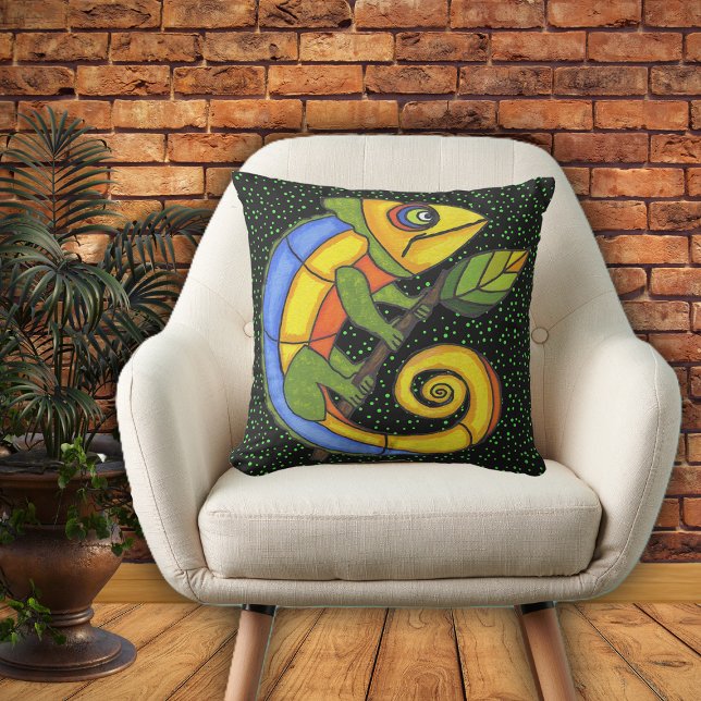 Colourful Fantasty Pop Art Lizard on Green Dots Throw Pillow (Colourful  fantasy lizard on twig with leave green polka dots on black home decor pillow.)