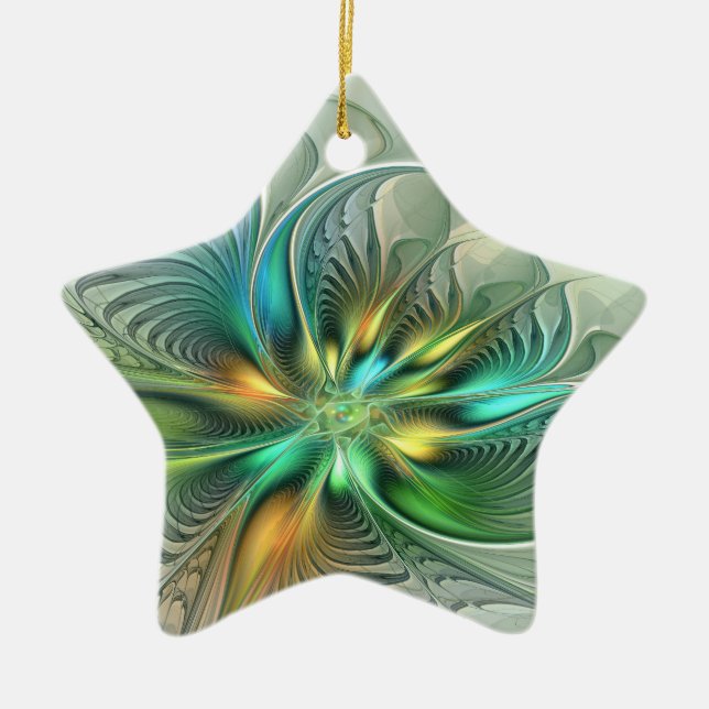 Colourful Fantasy Abstract Flower Fractal Art Ceramic Ornament (Front)
