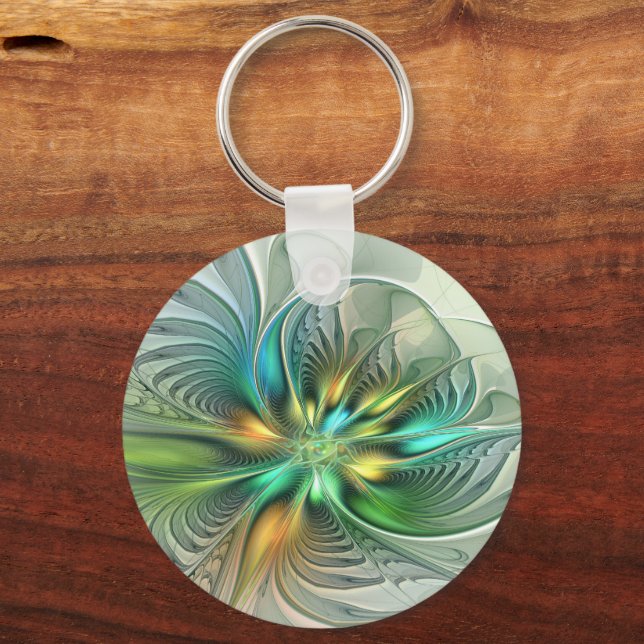 Colourful Fantasy Abstract Flower Fractal Art Keychain (Front)