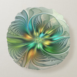 Colourful Fantasy Abstract Flower Fractal Art Round Pillow