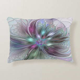 Colourful Fantasy Abstract Modern Fractal Flower Accent Pillow