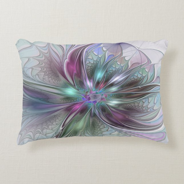 Colourful Fantasy Abstract Modern Fractal Flower Accent Pillow (Front)