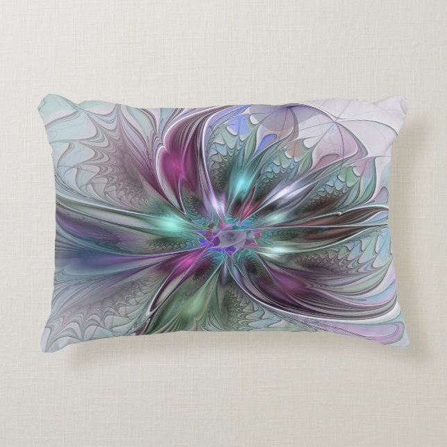 Colourful Fantasy Abstract Modern Fractal Flower Accent Pillow (Front)