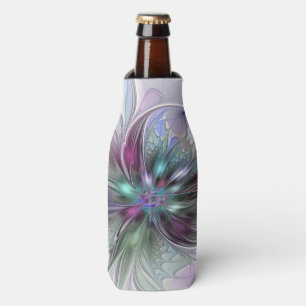 Colourful Fantasy Abstract Modern Fractal Flower Bottle Cooler