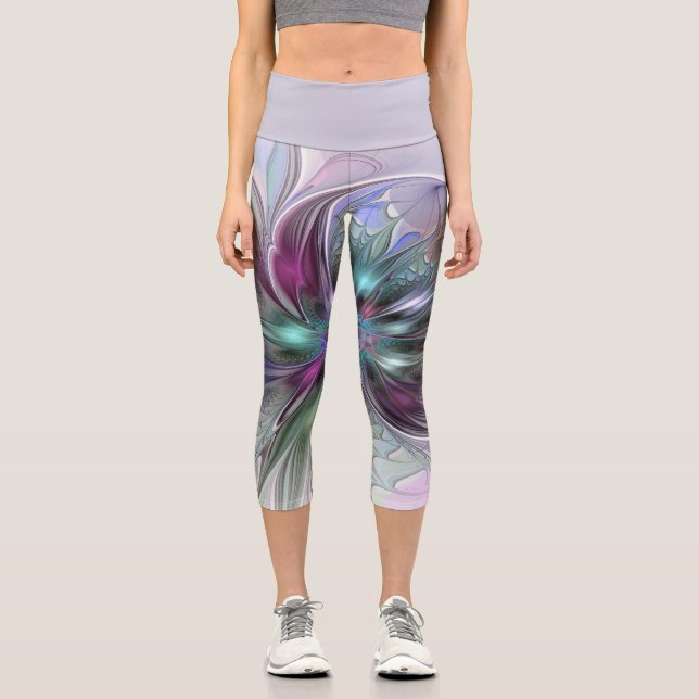 Colourful Fantasy Abstract Modern Fractal Flower Capri Leggings (Front)