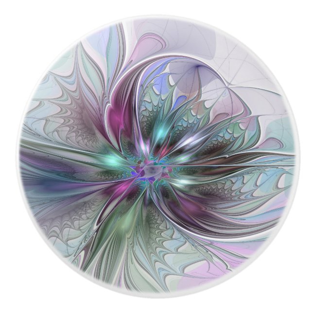 Colourful Fantasy Abstract Modern Fractal Flower Ceramic Knob (Front)