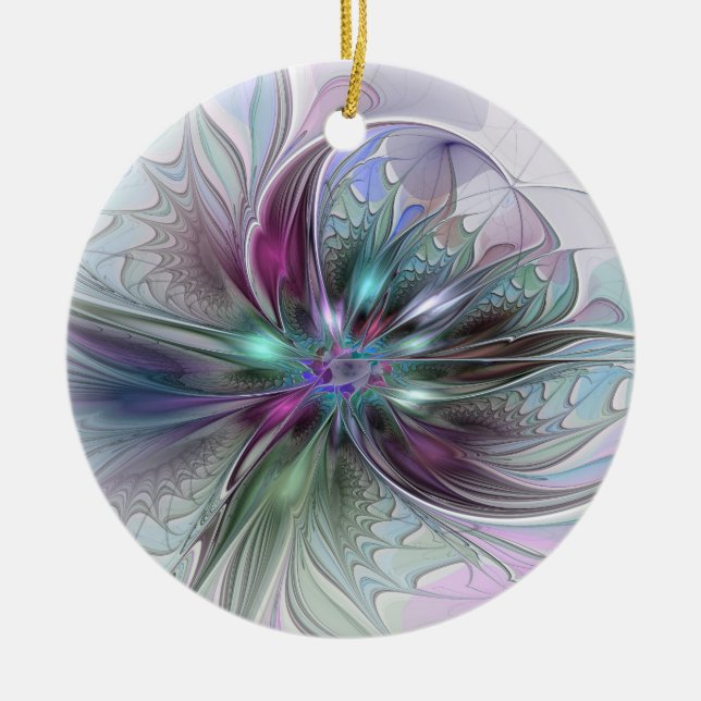 Colourful Fantasy Abstract Modern Fractal Flower Ceramic Ornament (Front)