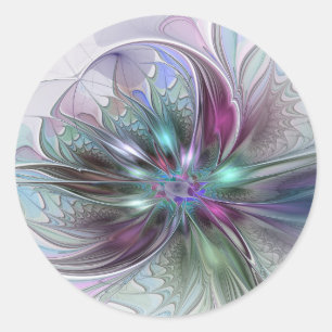 Colourful Fantasy Abstract Modern Fractal Flower Classic Round Sticker