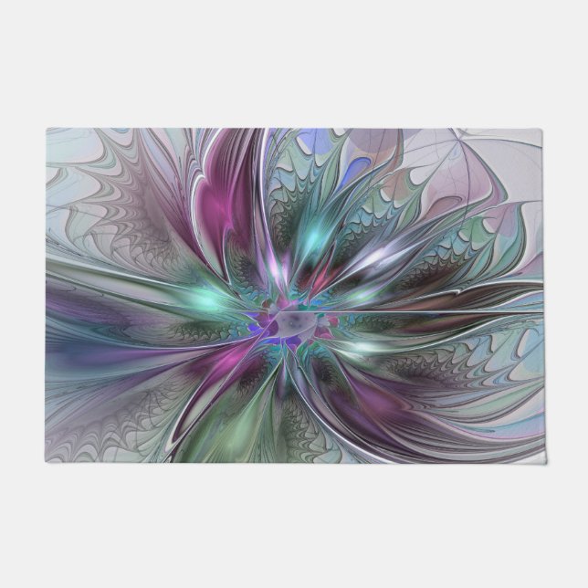 Colourful Fantasy Abstract Modern Fractal Flower Doormat (Front)