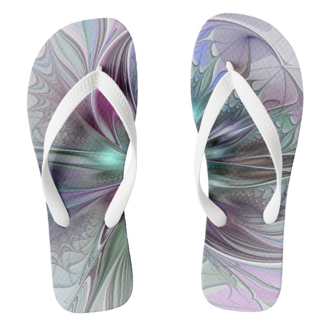 Colourful Fantasy Abstract Modern Fractal Flower Flip Flops (Footbed)