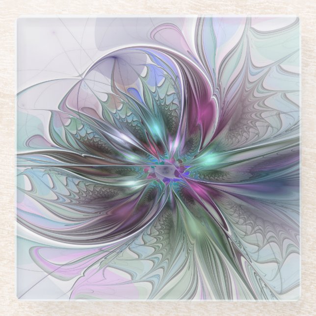 Colourful Fantasy Abstract Modern Fractal Flower Glass Coaster (Front)
