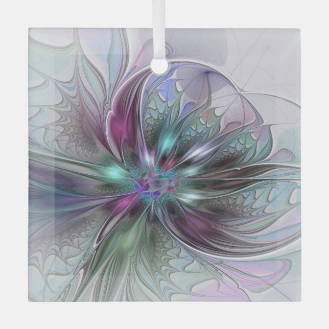 Colourful Fantasy Abstract Modern Fractal Flower Glass Ornament (Front)