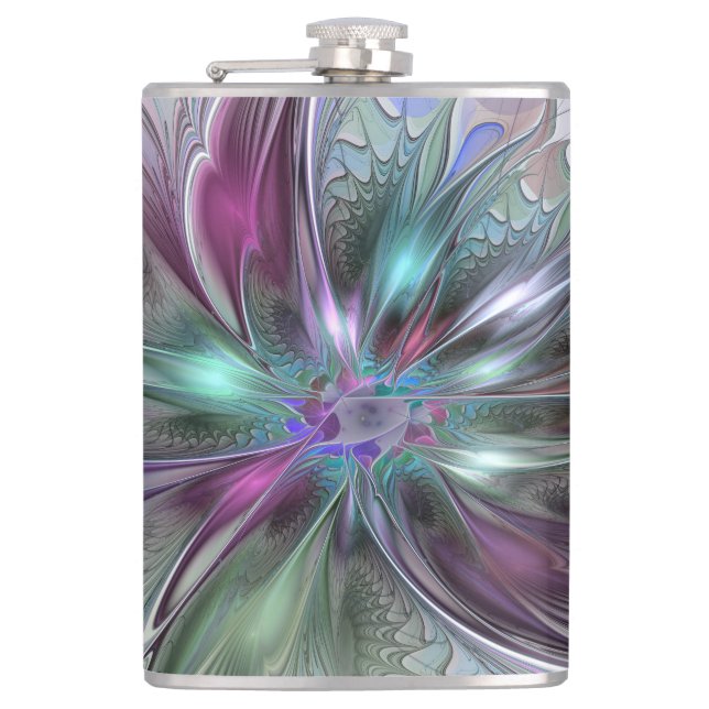 Colourful Fantasy Abstract Modern Fractal Flower Hip Flask (Front)