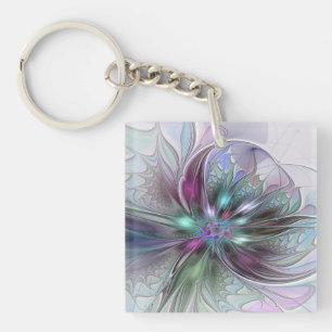 Colourful Fantasy Abstract Modern Fractal Flower Keychain