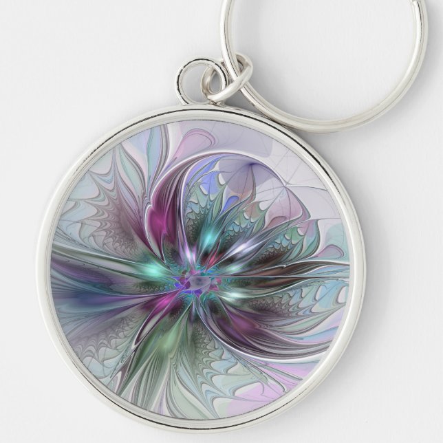 Colourful Fantasy Abstract Modern Fractal Flower Keychain (Front)