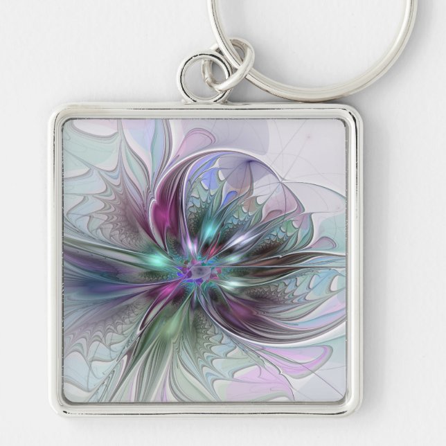 Colourful Fantasy Abstract Modern Fractal Flower Keychain (Front)