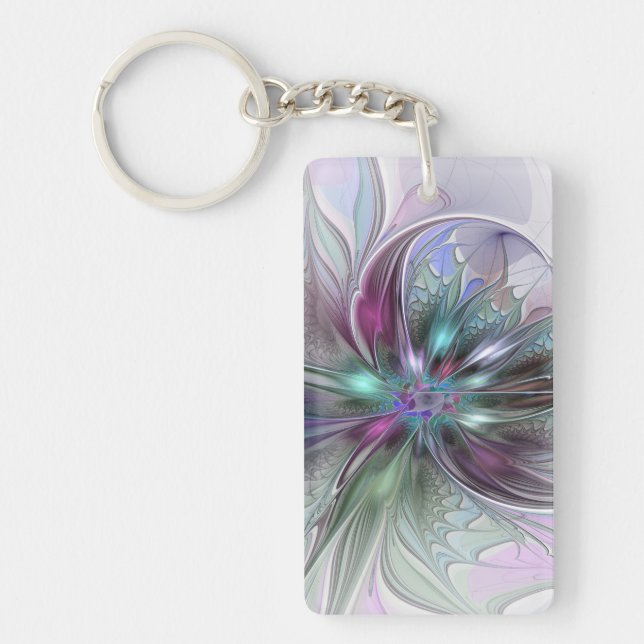 Colourful Fantasy Abstract Modern Fractal Flower Keychain (Front)