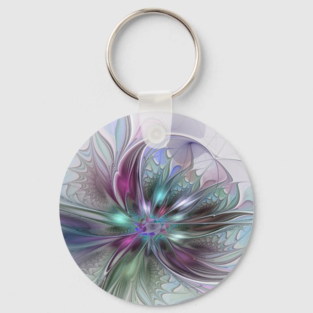 Colourful Fantasy Abstract Modern Fractal Flower Keychain (Front)
