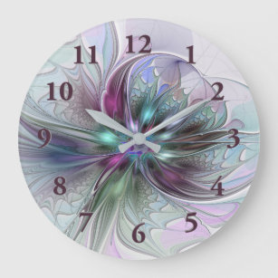 Colourful Fantasy Abstract Modern Fractal Flower Large Clock