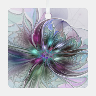 Colourful Fantasy Abstract Modern Fractal Flower Metal Ornament