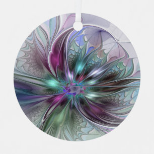 Colourful Fantasy Abstract Modern Fractal Flower Metal Ornament