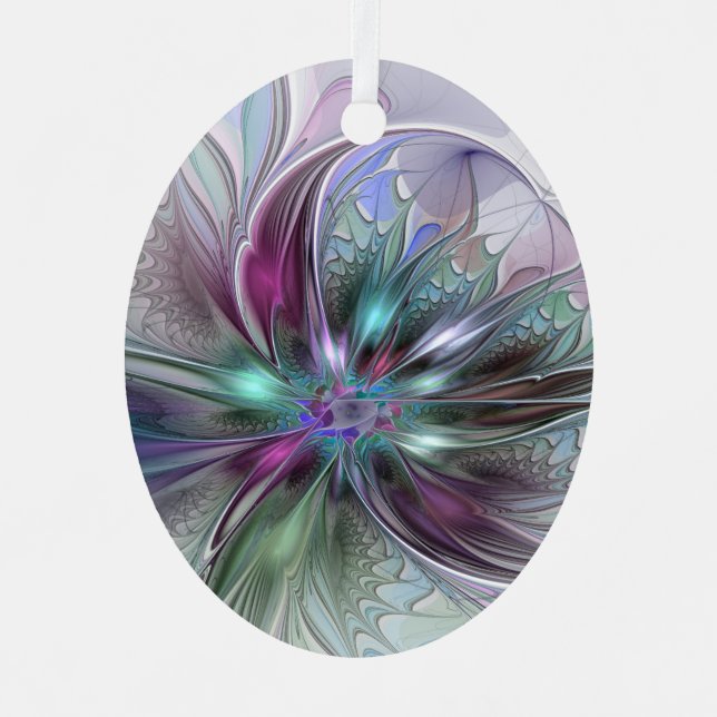 Colourful Fantasy Abstract Modern Fractal Flower Metal Ornament (Front)