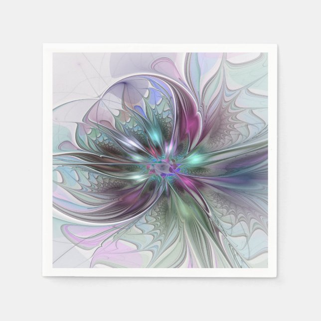 Colourful Fantasy Abstract Modern Fractal Flower Napkin (Front)