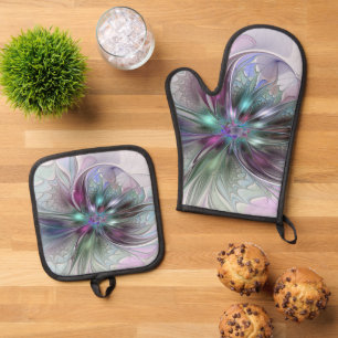Colourful Fantasy Abstract Modern Fractal Flower Oven Mitt & Pot Holder Set