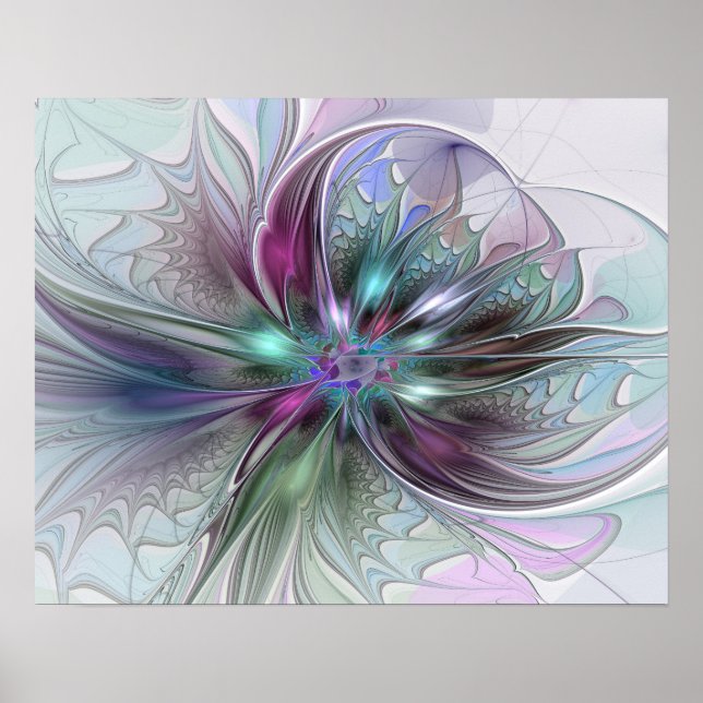 Colourful Fantasy Abstract Modern Fractal Flower Poster (Front)