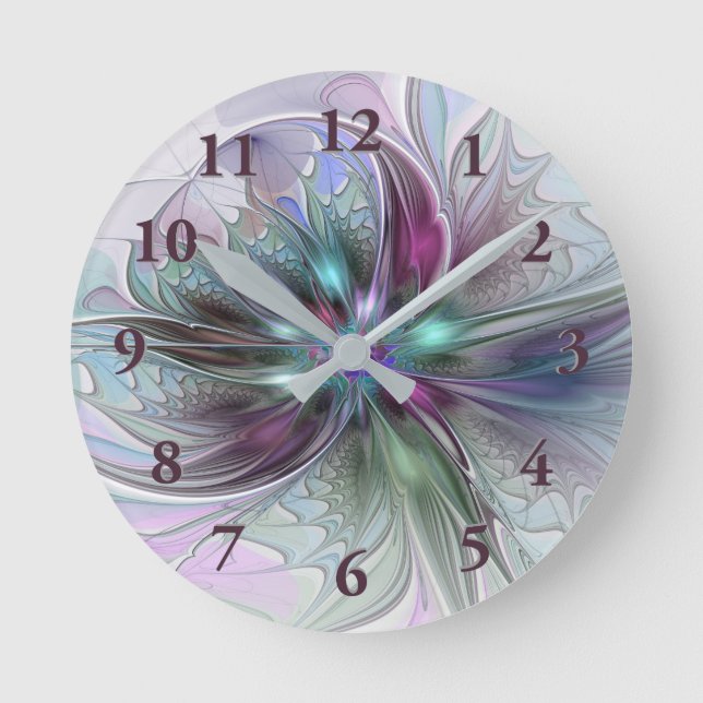 Colourful Fantasy Abstract Modern Fractal Flower Round Clock (Front)