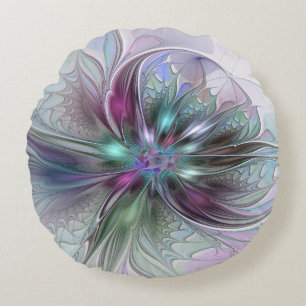 Colourful Fantasy Abstract Modern Fractal Flower Round Pillow