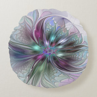 Colourful Fantasy Abstract Modern Fractal Flower Round Pillow