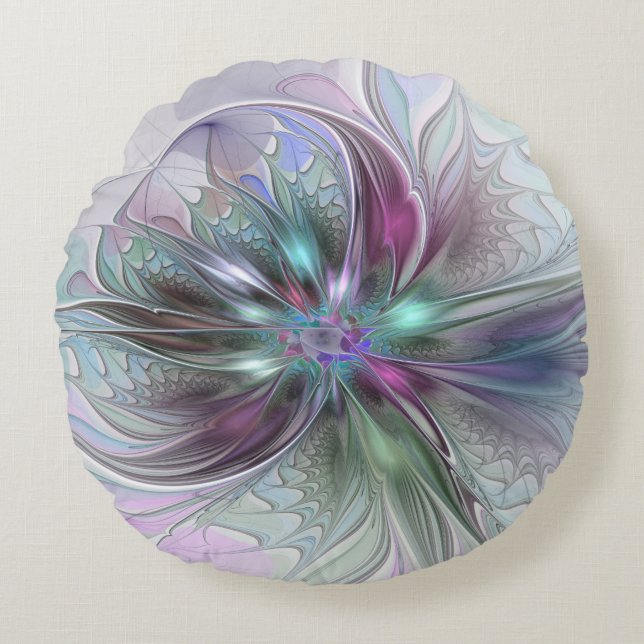 Colourful Fantasy Abstract Modern Fractal Flower Round Pillow (Front)