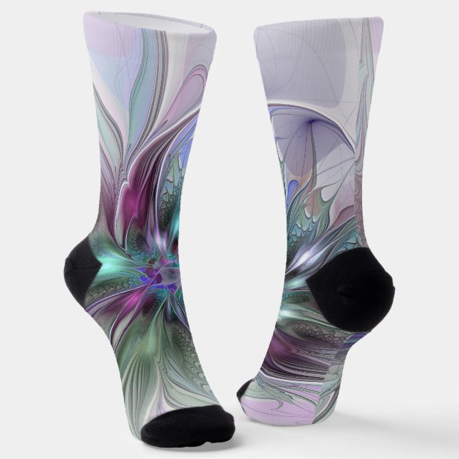 Colourful Fantasy Abstract Modern Fractal Flower Socks (Angled)