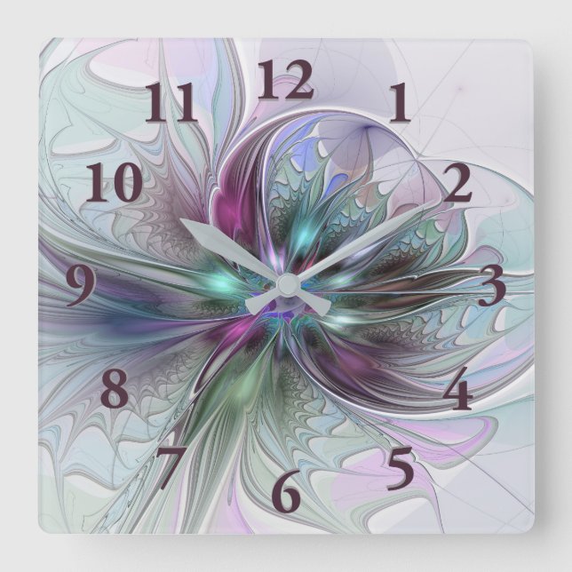 Colourful Fantasy Abstract Modern Fractal Flower Square Wall Clock (Front)