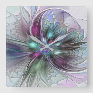 Colourful Fantasy Abstract Modern Fractal Flower Square Wall Clock