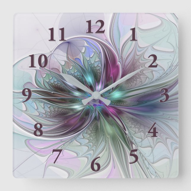 Colourful Fantasy Abstract Modern Fractal Flower Square Wall Clock (Front)