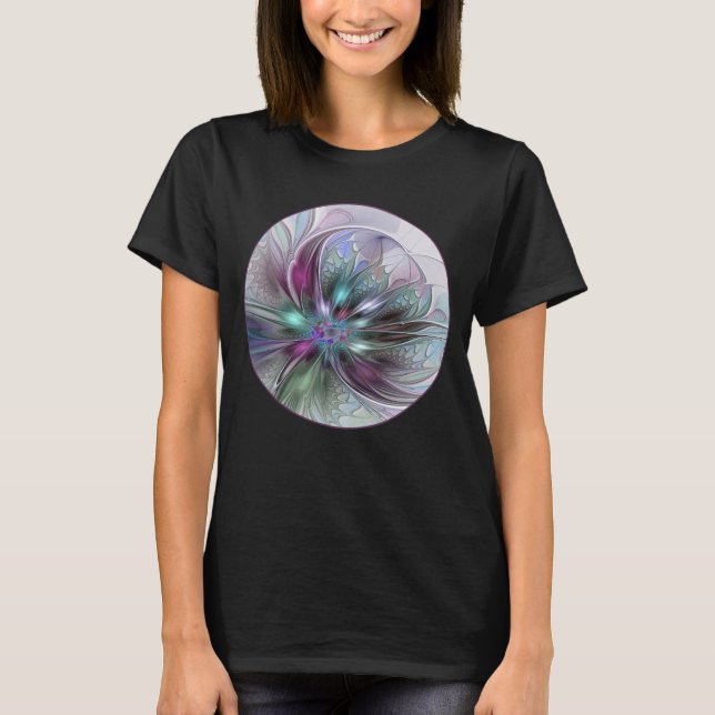 Colourful Fantasy Abstract Modern Fractal Flower T-Shirt (Front)